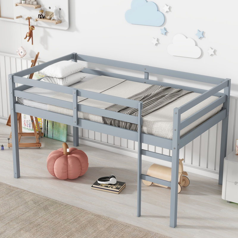 Grey Twin Loft Bed With , Solid Rubber Wood. Platform Strengthened Slats. Extra Storage Space Under Bed. Low Height For Relaxing Nights Bed, Wood & Rubber. Access. Slat Platform. Utilize Under