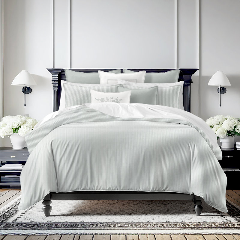 Ruben Stripe Reversible Cotton Duvet Cover Set, Cal.King Duvet Cover + 2 King Shams, Sage