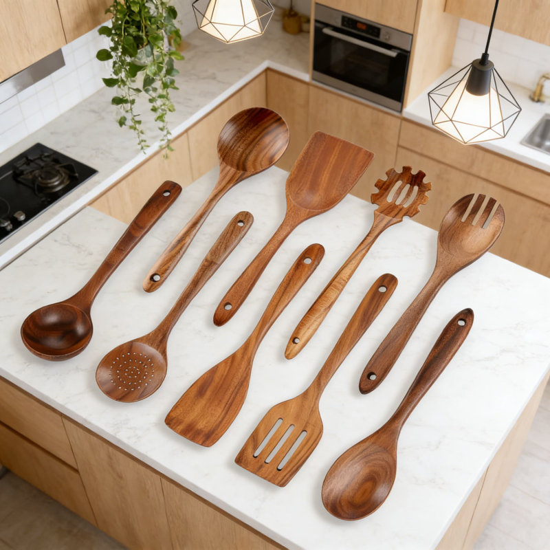 Premium 9-Piece Teak Wooden Utensil Set For Cooking - Ergonomic Comfort Grip, Heat Resistant, Non-Stick Safe & Easy To Clean Kitchen Tools