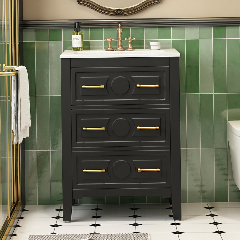Ensemble de meuble-lavabo sur pied 24 po avec lavabo en céramique, ensemble de meuble-lavabo simple autoportant avec 3 tiroirs et cadre en bois massif