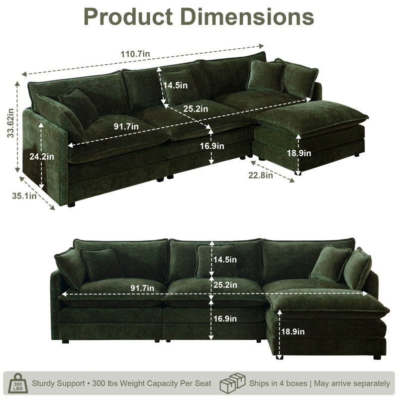Canapé modulaire en L de 147 po avec repose-pieds réversible modulaire en L de 147 po et combinaison libre Chenille Comfy