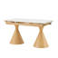 Table de salle à manger extensible avec plateau en pierre: plateau de table en marbre blanc avec pieds fuselés en métal. Une table de salle à manger rectangulaire d'inspiration moderne et luxueuse pour la maison, pouvant accueillir de 4 à 8 personnes.-129159791