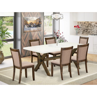 Ensemble de table de salle à manger 7 pièces composé d'une table de salle à manger rectangulaire avec pieds en X et 6 chaises de salle à manger Parson en tissu kaki foncé