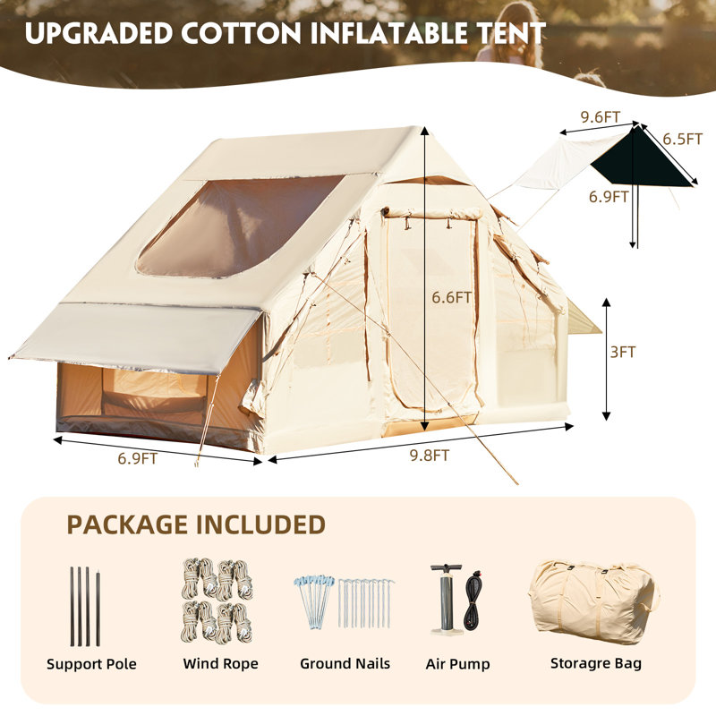 Tente de camping gonflable pour 4 personnes avec lanterneau en Tpu et prise de poêle, tente de glamping imperméable 4 saisons avec pompe incluse