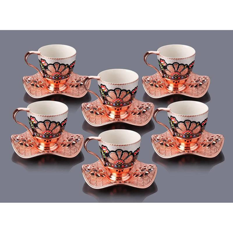Handcrafted Rosegold Turkish Coffee Cup Set with Wavy Saucers, 3 Oz