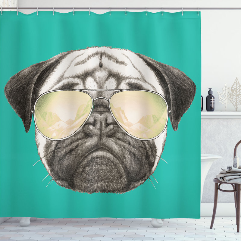 Pug Shower Curtain Set + Hooks, 70"H x 69"W, Sea Green