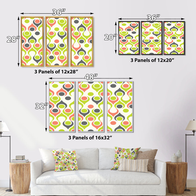 «Retro Abstract Drops II», reproduction de cadre photo sur toile 3 pièces, H 28 po x l 36 po x P 1 po, Cadre brun