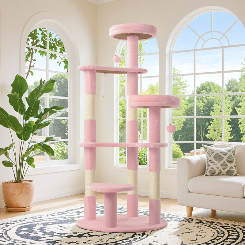Arbre à chat de 55,5 po, grande tour à chat avec perchoirs moelleux, poteaux à griffer et jouets suspendus pour chats d'intérieur, conception stable à plusieurs niveaux