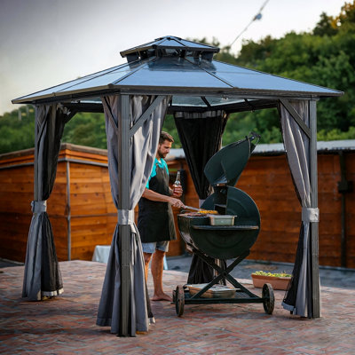 Pavillon de jardin extérieur pour barbecue 8 x 8 pi, toit rigide avec toit en polycarbonate résistant aux rayons UV et crochets de rangement pour patio, pelouse et jardin
