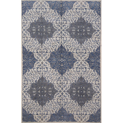 Tapis bleu clair / blanc / gris de haute qualité noué à la main One-of-a-Kind Ziegler