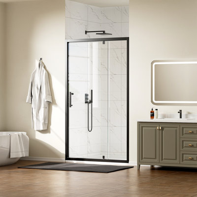 42 po X P 72 po Porte de douche à cadre pivotant en H noir mat avec verre trempé