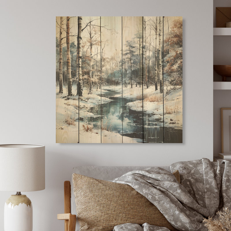 Rivière en forêt, paysage d'hiver - forêt, art mural sur bois de pin naturel, H 15 po x l 15 po