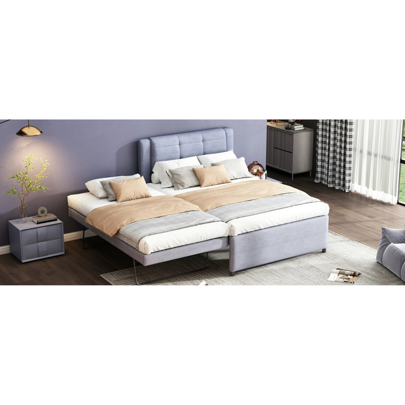 Lit plateforme gris avec lit gigogne amovible - Lit gigogne tapissier élégant Fabrication robuste en bois massif. Pas de sommier tapissier. Lin Comfort Zone