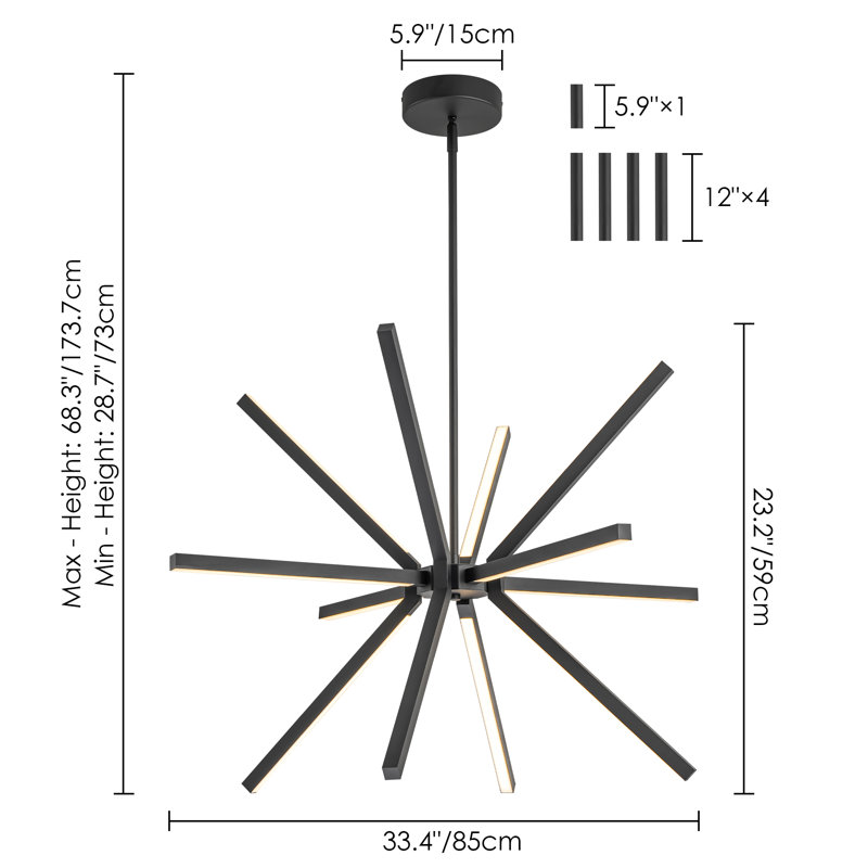 Black Aluminum 12-Light Sputnik Linear Chandelier