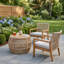 Table d'appoint ronde en bois d'acacia, plateau de finition en teck et structure en corde tressée beige clair, capacité de 68 kg, sans assemblage, résistante aux intempéries, idéale pour terrasse, jardin et salon.
