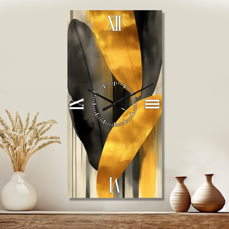 Feuille de bananier dans l'air doré II - Horloge murale tropicale, imprimée sur métal, H 40 po x l 20 po - Rectangle