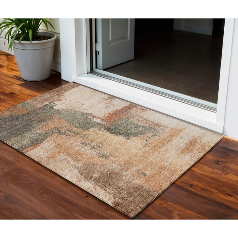 3' X 5' Terra Cotta Gray And Brown Abstract Washable Indoor Outdoor Area Rug