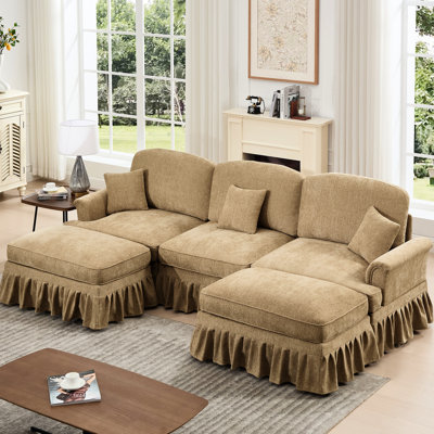 Nuage confortable en forme de U avec accoudoirs évasés, jupes amovibles et pieds fuselés, revêtu de chenille café, volants classiques à rembourrage en mousse haute densité, revêtement en chenille, couleur, multiple