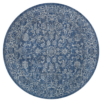 Leonora Bohemian Textured Weave Floral Navy/Gray Indoor/Outdoor Rug