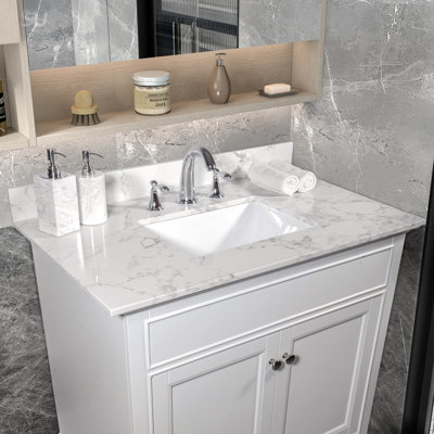Montary 31-Inch Bathroom Vanity Top With Carrara White Stone, Undermount Ceramic Sink, And Backsplash For Modern Bathrooms
