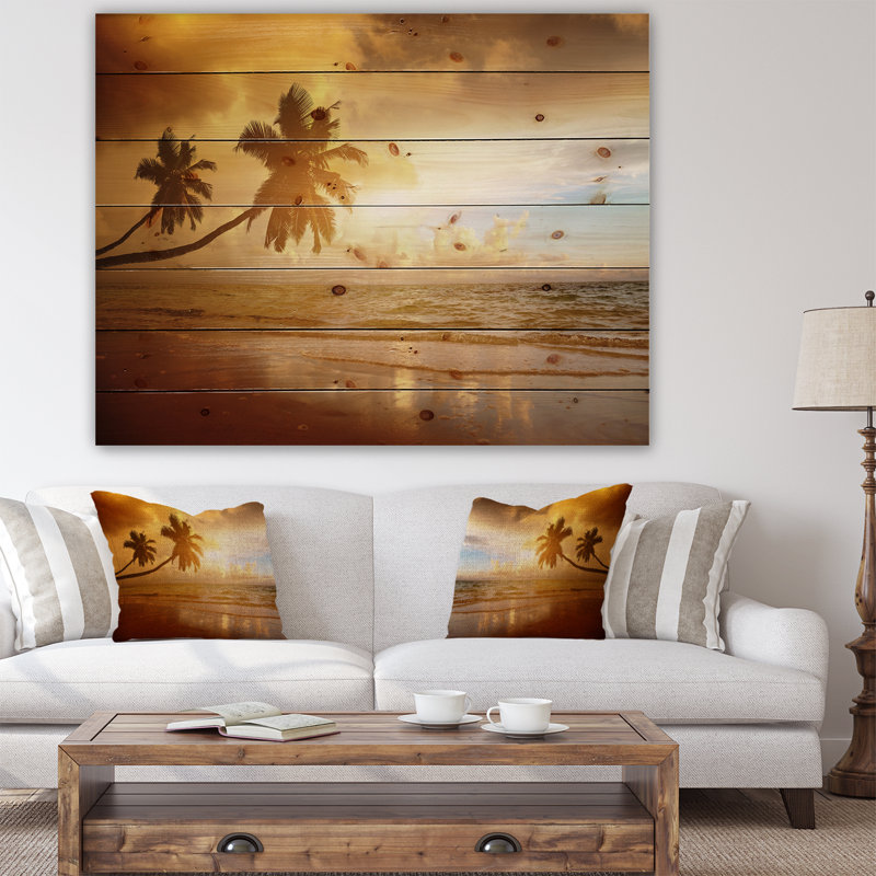 «Beautiful Palms at the Caribbean Beach» - reproduction, Bois, H 30 po x l 40 po x p 1 po