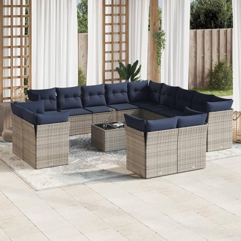 Ensemble de canapé de patio 14 pièces avec coussins en rotin de polyester, Marine, Gris