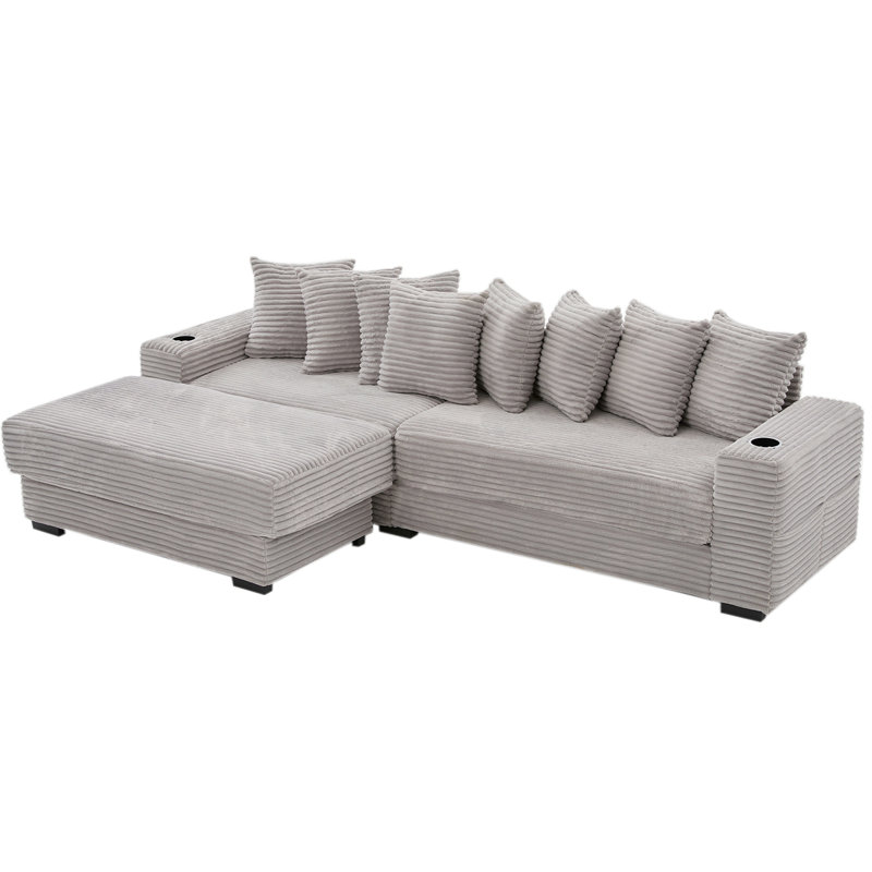 110.75" Modular L Shaped Sofa, Corduroy Fabric Sectional Couch,With A Movable Footstool, Cup Holders,Bring 8 Throw Pillows,Side Pocket,Unfold Into A Bed