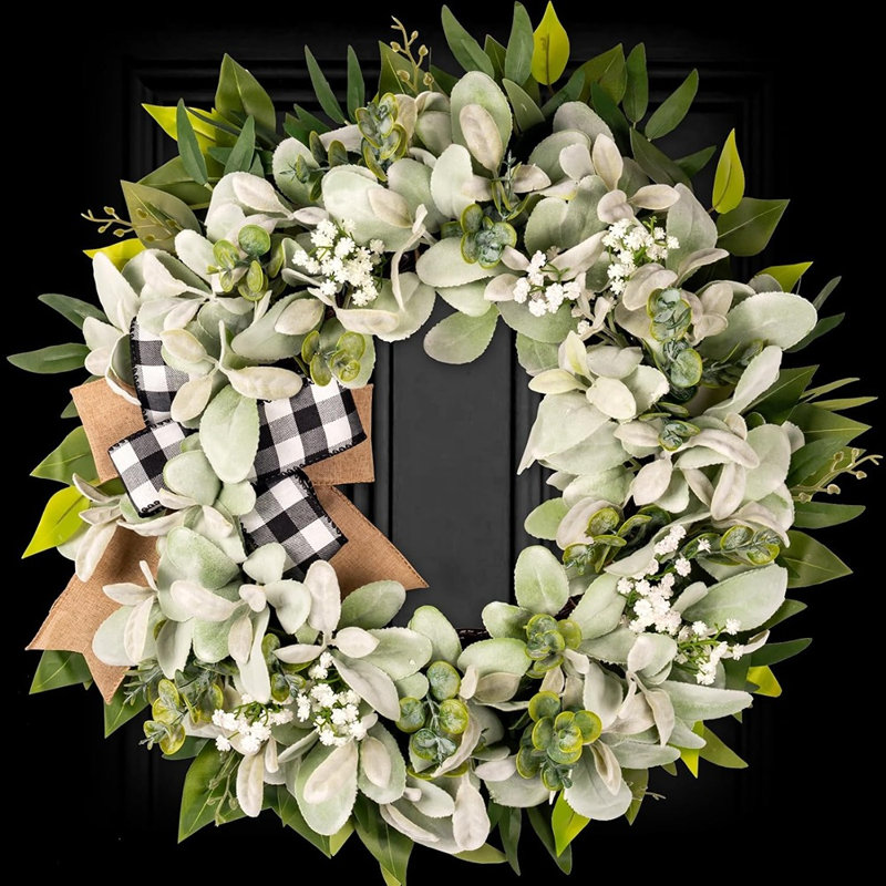 Couronne d'agneau et d'eucalyptus faite à la main pour porte d'entrée - décoration de maison de campagne verte toute l'année