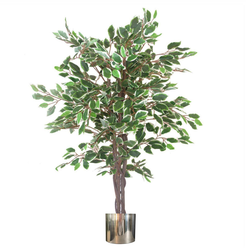 100cm Faux Ficus Tree in Metal Pot, Silver