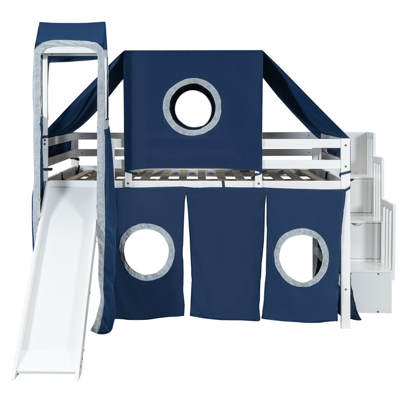 Celestia Castle House Loft Bed With Storage Stairs, Slide and Tent, Blue, Full