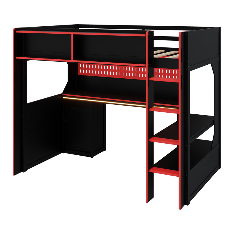 Loft Bed with Integrated Gaming Desk, Lighting System, and Built-in Charging Station, Black+Red