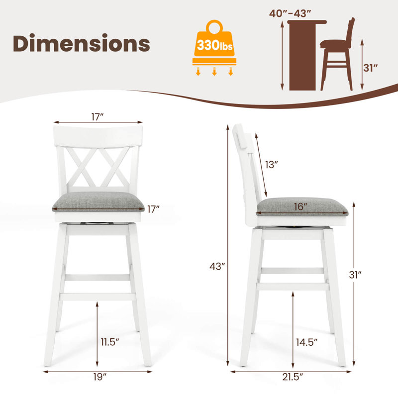 2 Pcs 30" Bar Stool Wooden Chair With Contoured Backrest Swivel Padded Seat For Kitchen, Gray