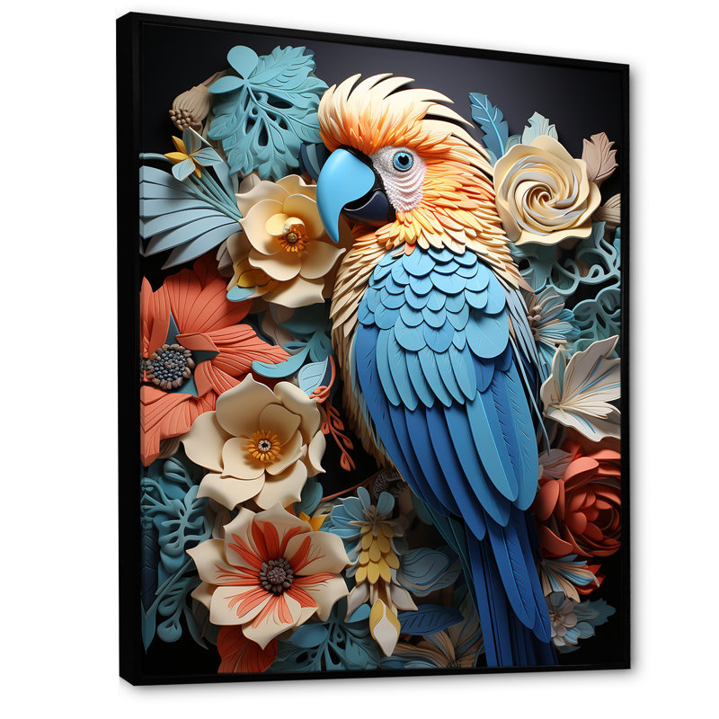 Perroquet jaune et bleu paradis II, Cadre flottant noir, H 32 po x l 16 po x P 1 po