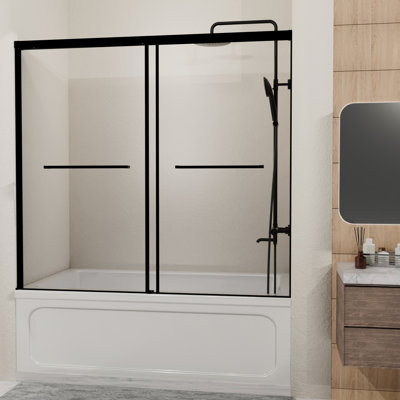 60 In. W X H Double Sliding Shower Door, Semi - , Matte Black, Tempered Glass, Keeps Bathroom Organized Leak Proof Design