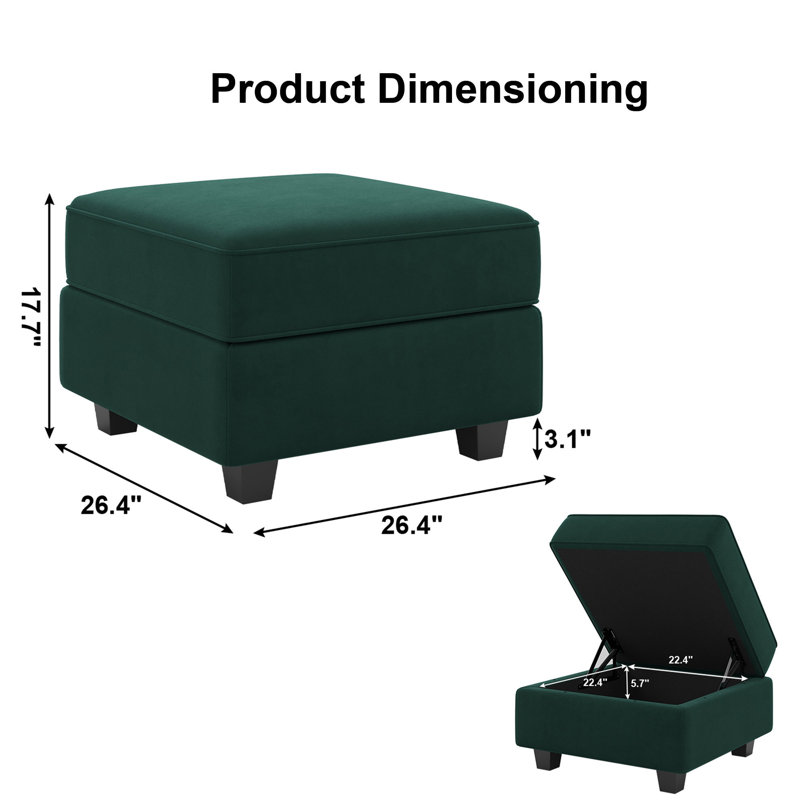 Pièce de module de tabouret avec repose-pieds de rangement pour canapé modulaire de 26,4 po de largeur nairoby, Velours vert