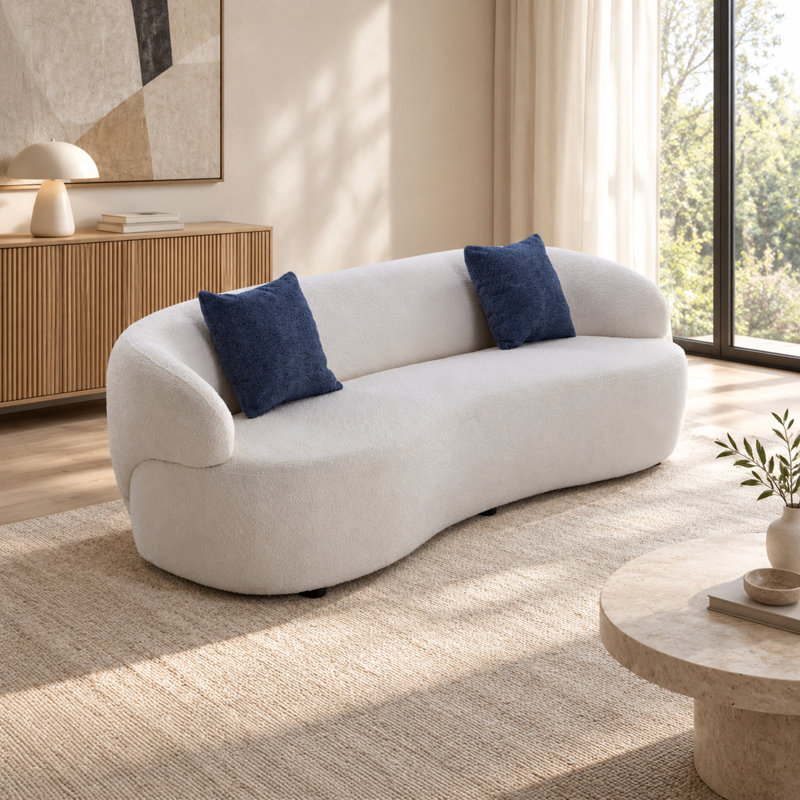 Canapé 3 places incurvé en tissu bouclé, style moderne du milieu du siècle