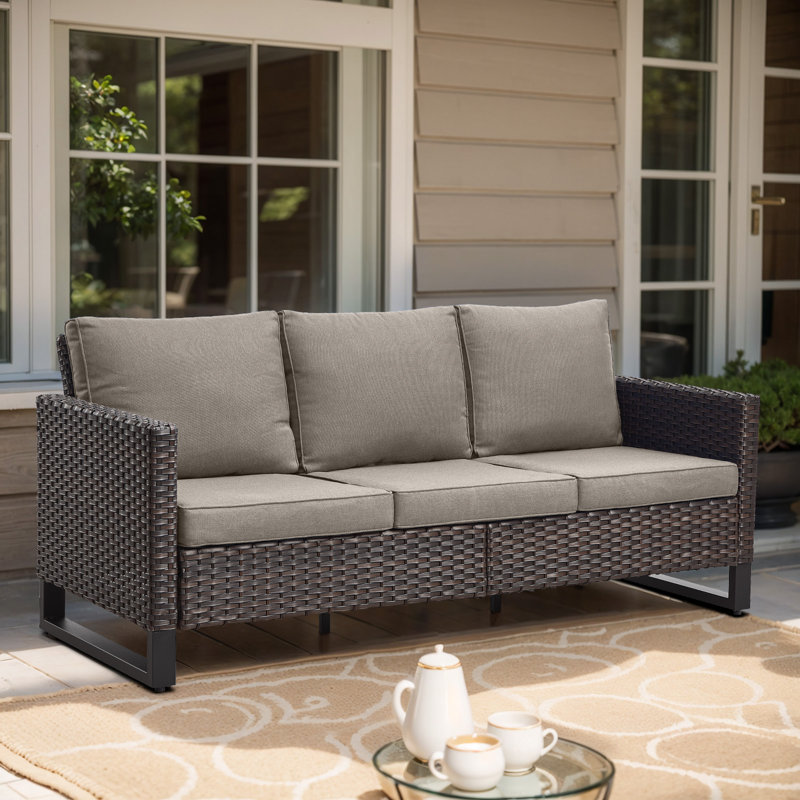 Ingvald 74.4'' Wide Outdoor Rectangle Patio Sofa with Cushions, Gray/Brown