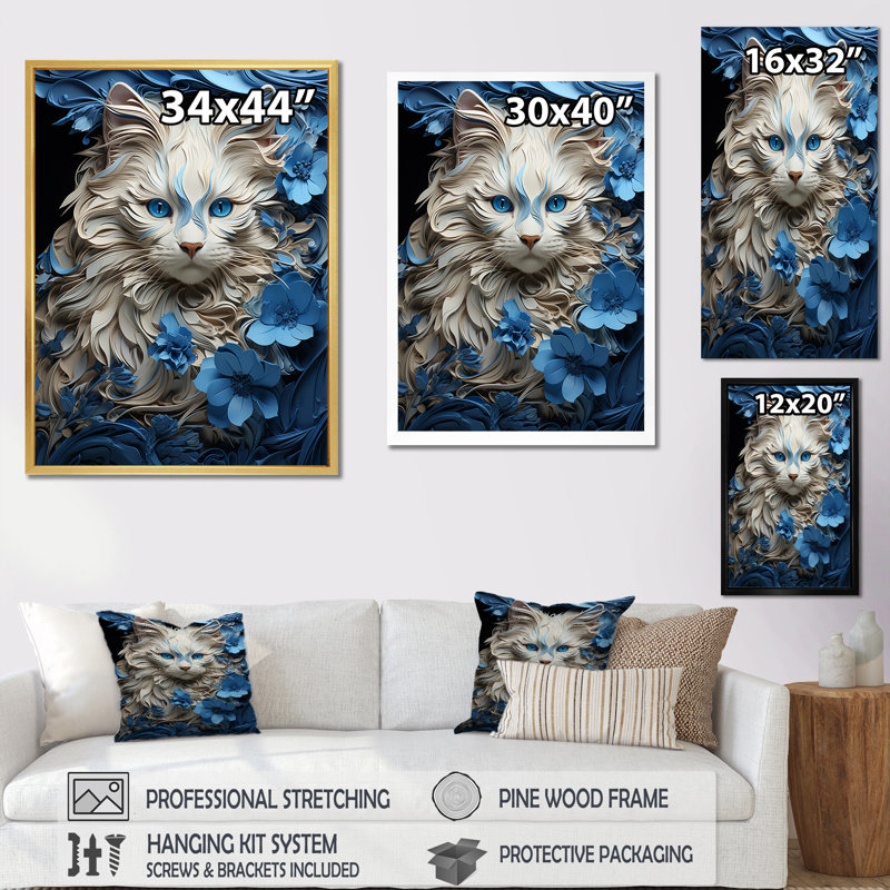 Blanc et bleu «Birman Bliss Cat I», impressions sur toile, H 32 po x l 16 po x P 1 po, Cadre flottant noir