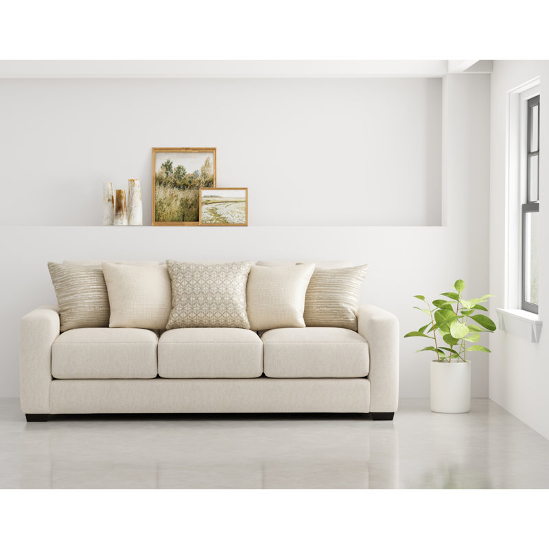 Mornimont 94'' Upholstered Sofa with Comfort Coil Seating and 5 Included Accent Pillows, Beige 100% Polyester