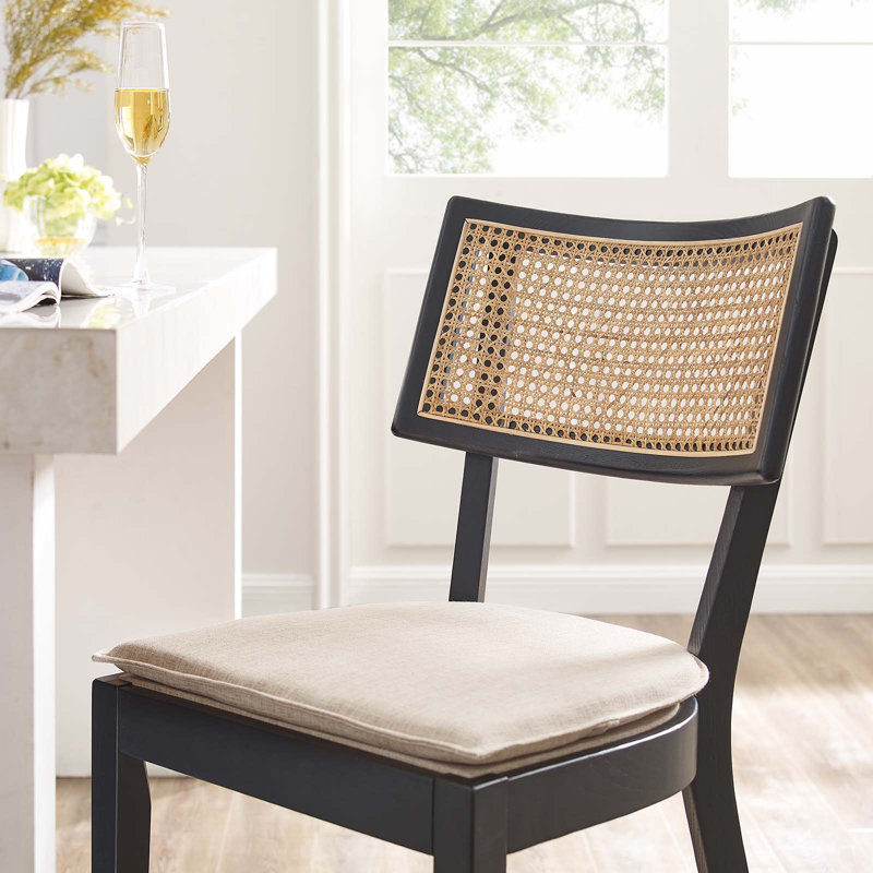Caledonia Black and Beige Wood Counter Stools with Rattan Backrest