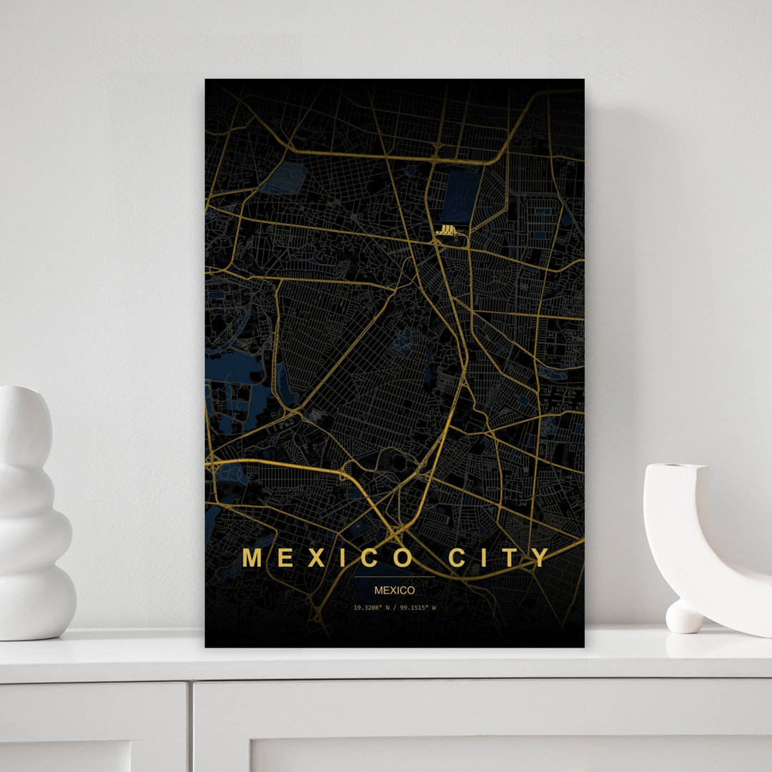 Golden Mexico City Map Abstract Minimalist Modern City Wall Art Print