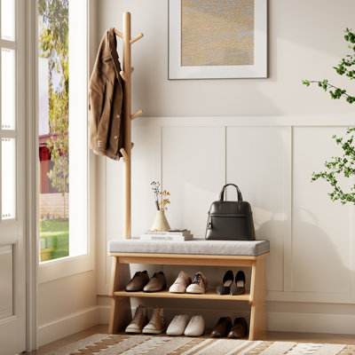 Solid Wood Entryway Bench with Integrated Shoe Rack & Coat Hooks – Angled Side Design