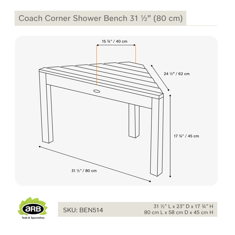 Eco-Friendly Teak Corner Shower Bench, 31.5'' with Rounded Edges