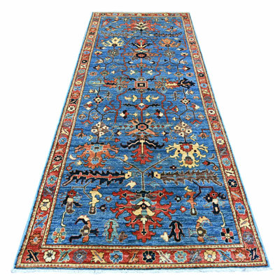 4'x10' Bayern Blue, Heriz All Over Design, Aryana Collection, Vegetable Dyes, Hand Knotted, Soft Pile, High Mountain Wool, Densely Woven, Wide Runner, Oriental Rug
