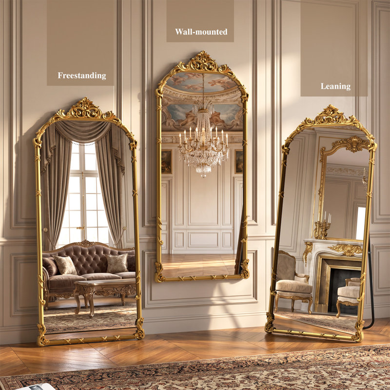 Miroir pleine grandeur sculpté arqué en polyuréthane, 32 po x 71 po, Or antique