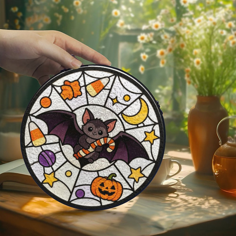 Mignon chauve-souris tenant des panneaux de vitrail, 9,8 x 9,8 po (25 x 25 cm)