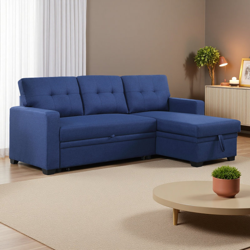 Convertible Upholstered Sectional Sofa With Pull-Out Chaise, Blue Linen