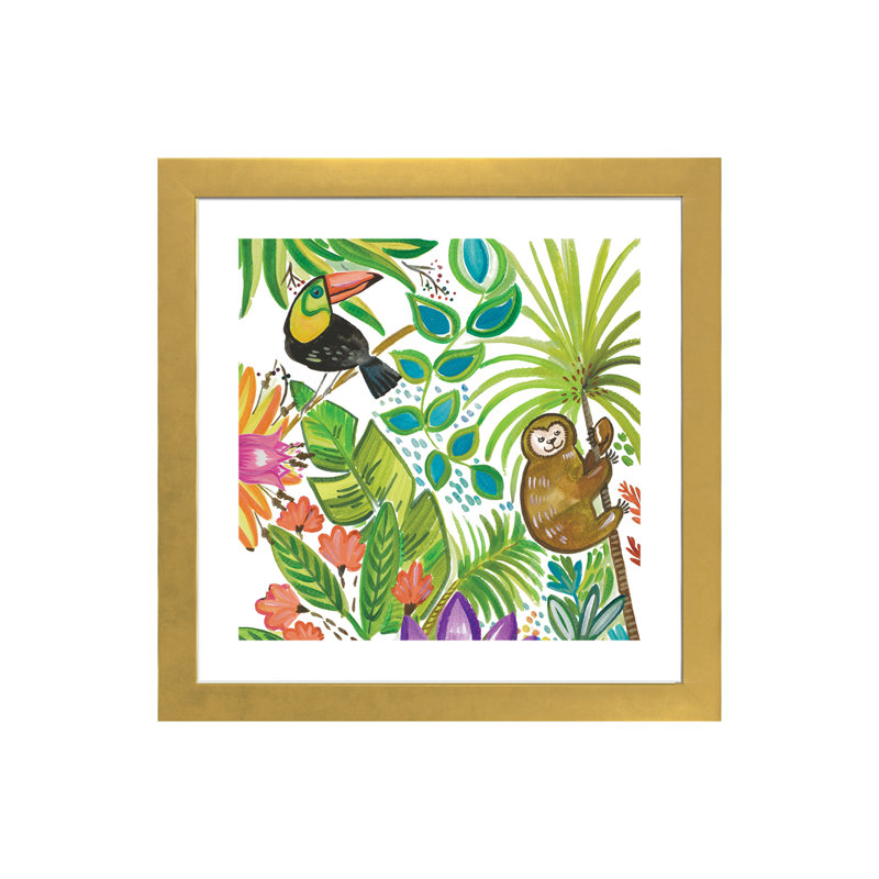 Art tropical encadré, H 16 po x l 16 po x P 1 po, Papier beaux-arts encadré doré