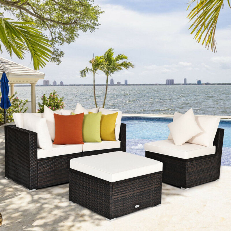 Ensemble de conversation modulaire en rotin avec coussins 4 pièces Patio, Blanc