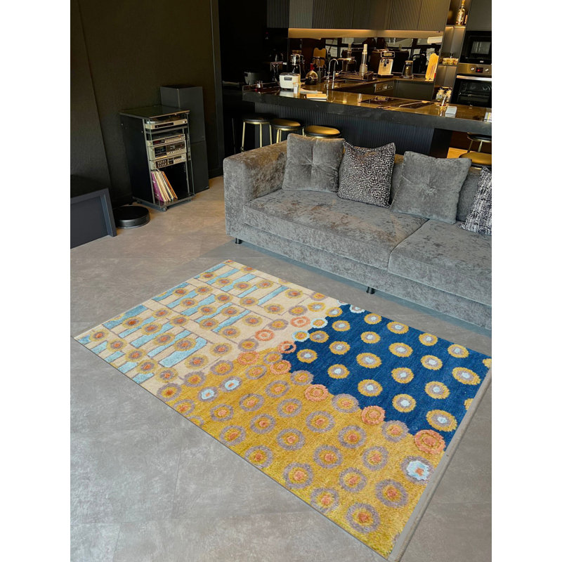 Tapis décoratif moderne à motif tissé bleu Barcelona, Rectangle 4 pi 11,06 po x 7 pi 6,55 po